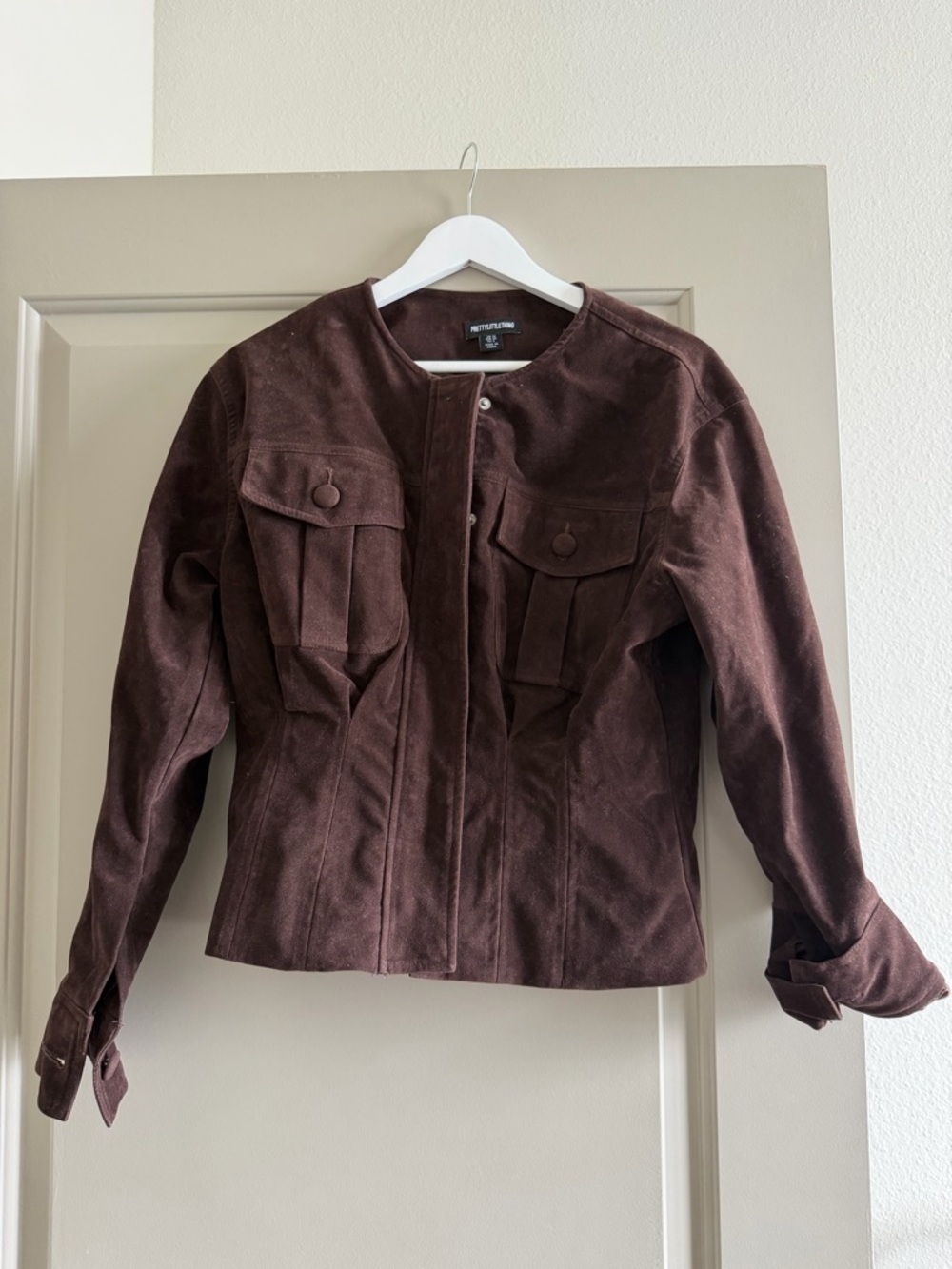 PrettyLittleThing Chocolate Faux Suede Covered Button Cinch Waist Jacket